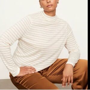 Vince Cream and Brown Wool Cashmere Blend Striped Top Mock Neck